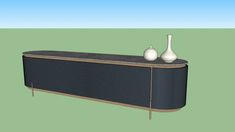 two white vases sitting on top of a large black entertainment center with metal legs