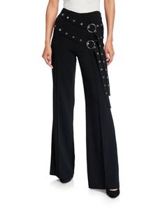 True to size.     High rise. A pair of slender belts studded with silvery grommets cinch the waist of swishy crop-flare trousers for double the tailored edge.     32.5" inseam; 22" leg opening; 12" front rise; 15" back rise     Side zip closure     Back welt pockets     69% triacetate, 31% polyester     Dry clean  FLOOR MODEL AND TRIED ON - EXCELLENT CONDITION- PLEASE REFER TO PICTURES Our items are   items offered at high-end department stores.  They are new and  most have been tried on and sto Flare Black Pants, Belt Pants, Buckle Pants, Double Belt, Tie Waist Pants, Cinq A Sept, Belted Pants, Flare Trousers, Cropped Flares