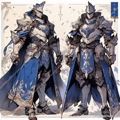 two men in armor standing next to each other on a white background with blue accents