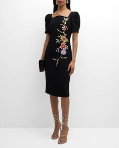 Rickie Freeman for Teri Jon Puff-Sleeve Floral Applique Dress | Neiman Marcus Fitted Embellished Square Neck Dress, Fitted Floral Applique Dress For Gala, Fitted Gala Dress With Floral Applique, Square Neck Embellished Cocktail Dress, Square Neck Embellished Dresses For Formal Events, Formal Fitted Dress With Floral Applique, Fitted Embroidered Dress With Square Neck, Fitted Evening Dress With Embroidered Sleeves, Square Neck Embroidered Fitted Dress