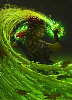 a digital painting of a woman with green hair and glowing lights in her hands, surrounded by leaves