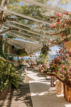 an outdoor area with plants and flowers on the ground, along with tables and chairs