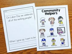 two worksheets for community helpers on a wooden table