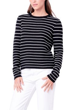 Zesty stripes encircle a cotton-blend crewneck sweater knit in a classic shaker stitch. Crewneck Long sleeves 60% cotton, 40% acrylic Hand wash, dry flat Imported Classic Striped Cotton Sweater, Knit Crew Neck Sweater With Horizontal Stripes, Knit Sweater With Horizontal Stripes And Crew Neck, Classic Striped Sweater For Spring, Striped Textured Knit Cotton Sweater, Striped Ribbed Crew Neck Sweater, Knit Crew Neck Sweater With Contrast Stripes, Knit Sweater With Contrast Stripes Crew Neck, Striped Fitted Crew Neck Sweater