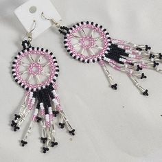 Handmade Beaded Wagon Wheel Chandelier Pierced Ears Pink Black White Beaded Ear Rings...Great Looking Hand Made Great Color And Shine...These Do Not Photograph Well Unfortunately.....These Sparkle And Shine In The Light....Brand New In Package...... Red Jasper Stone, Wheel Chandelier, Teal Earrings, Native Beadwork, Wagon Wheel Chandelier, Snowflake Earrings, Dainty Studs, Wagon Wheel, Cz Stud Earrings