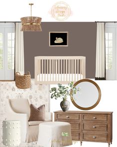 a baby's nursery room with white furniture and neutral colors, including the crib