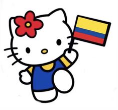 a hello kitty holding a flag and wearing a blue shirt with a red flower on it's head