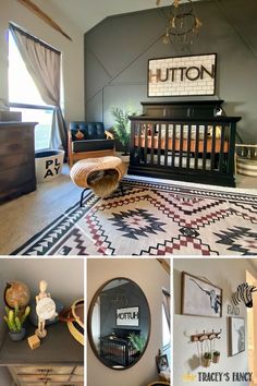 this is a collage of photos with baby's room and nursery furniture in it