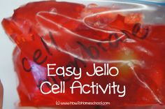 a bag of red jello with the words easy jello cell activity written on it