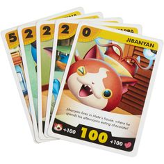 four card game cards with an image of a cat on the front and two cats on the back