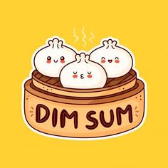 three dumplings sitting in a bowl with the word dim sum written on it