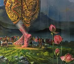 a painting of a person's feet in the air with flowers and people behind them