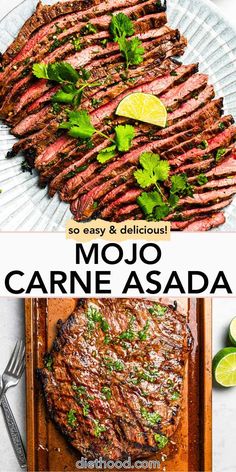 grilled steaks with lime garnish on top and the words mojo carne asada above it