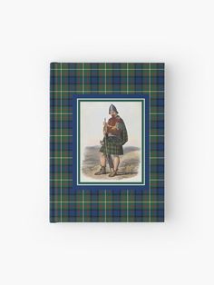 a tartan plaid book with an image of a man in kilts holding a bagpipe