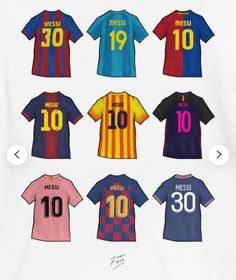 a group of different colored shirts with numbers on them