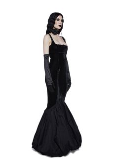 Gothic Noir, Goth Dresses, Los Addams, Dress And Gloves, Dark Skirts, Satin Gloves, Velvet Maxi, Velvet Maxi Dress, Bubble Hem