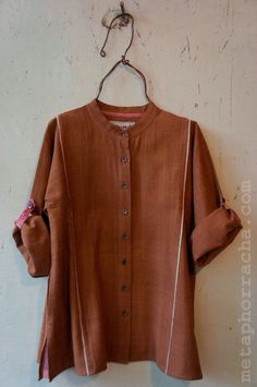 Home-spun and hand woven [ khadi ] shirt from www.metaphorracha.com Linen Kurta Designs For Women, Fancy Shirt, Bohemian Tunics, Beautiful Casual Dresses, Upcycle Shirt, Fashion Top Outfits, Cotton Kurti Designs, Fancy Tops, Dress Design Patterns