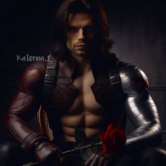 a man in armor holding a rose sitting on a chair with his shirt open and chest exposed