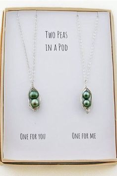 two peas in a pod necklace set with one for you and one for me inside the box