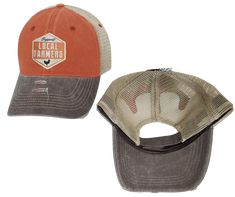 Local Farmers feed America, show your support with this Embroidered Distressed Trucker Cap! The faded orange twill front and tan mesh back feature graphic of a Chicken, Support Local Farmers on a diamond shaped patch, and a brown bill and on the under side. Fits most anybody with a adjustable snap strap. Take a short trip outside Nashville to our Smyrna, TN shop and get yours now! COLOR: BROWN/TAN/ORANGE Under Side, Support Local Farmers, Feeding America, A Chicken, Short Trip, Support Local, Diamond Shaped, Trucker Cap, Diamond Shapes