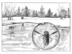 a drawing of a clock sitting in the middle of a field