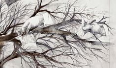 an ink drawing of two horses in a tree with snow on the ground and bare branches