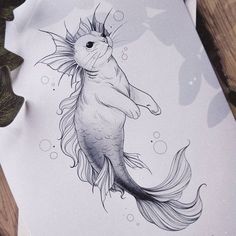 a drawing of a fish with long hair on it's back legs and tail