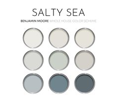 six different shades of paint with the words salty sea in white, blue and grey