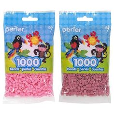 two bags of beads in pink and blue with the words perler on each bag