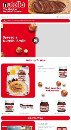 the website for nutella is displayed in red and white