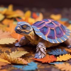 a close up of a toy turtle on leaves