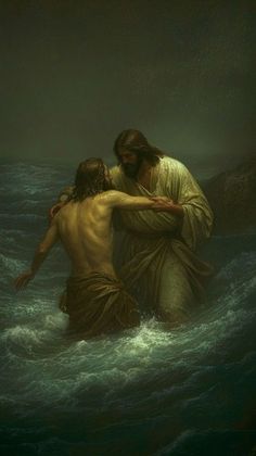 jesus walking in the water with his arm around another man's shoulder, and holding him