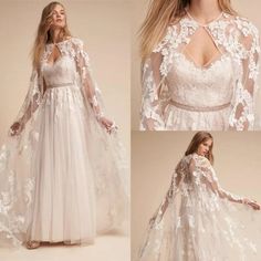 three photos of a woman wearing a wedding dress with long sleeves and sheer lace detailing