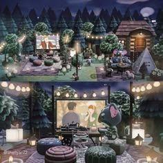 an animated scene with people watching tv in the forest at night and on the lawn