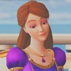 an animated image of a woman with long brown hair wearing a purple dress and gold necklace