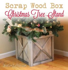 there is a christmas tree stand on the floor in front of a wall that says scrap wood box christmas tree stand