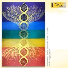 the tree of life is surrounded by seven chakras and their roots in gold on a multi - colored background