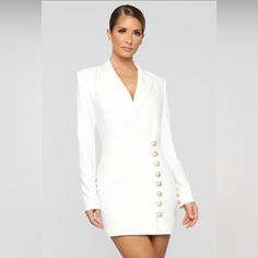 Blazer Mini Dress Shoulder Pads Long Sleeves Collar Button Detail Non Stretch Off White Blazer, Off White Fashion, Mini Dress Long Sleeve, Blazer Mini Dress, Ladies Blazer, Looks Street Style, Loungewear Women, Fashion Nova Dress, Dress Long Sleeve