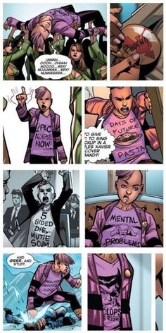 a comic strip with an image of a woman in purple