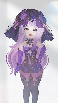 an animated image of a woman with long hair and purple clothes, holding flowers in her hair