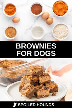 brownies for dogs are stacked on top of each other with ingredients to make them