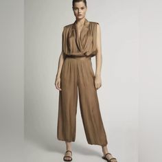 Massimo Dutti Pleated Gold Brown Sleeveless Jumpsuit Eur 34 Versatile Sleeveless Jumpsuits For Work, White Denim Jumpsuit, Cream Jumpsuit, Khaki Jumpsuit, Flowy Jumpsuit, Pleated Jumpsuit, Panel Leggings, Pink Jumpsuit, Short Sleeve Jumpsuits