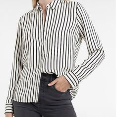 H&M White & Black Vertical Striped Button Down Shirt With Silver Buttons Size 10 Casual Office Wear Blouse With Button Cuffs, Casual Button-up Office Shirt, Casual Button-up Shirt For Office Wear, White Business Casual Blouse, Casual Button-up Blouse For Office Wear, White Casual Blouse For Business Casual, H&m Office Tops With Button Closure, Casual Black Blouse By H&m, H&m Black Casual Blouse