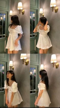 four pictures of a woman in white dress standing next to a door and touching her hair