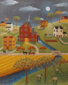 a painting of farm scene with houses and animals