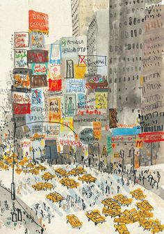 this is an image of a city street scene with people and taxis in the snow