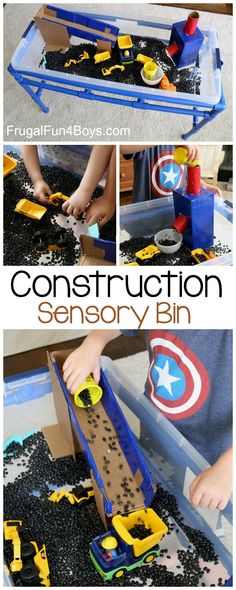 a collage of photos showing the construction scene and how to make it with legos