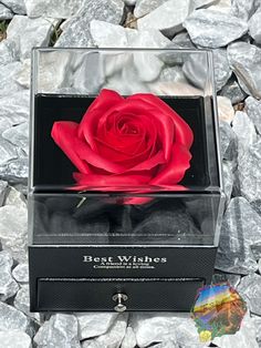 a single red rose in a black box on some rocks and gravel with the words best wishes written below it