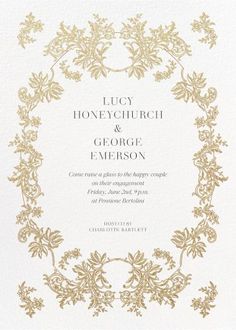 a wedding card with an ornate frame and gold foil on the front, in white paper