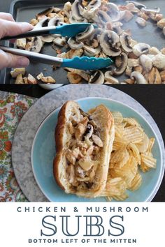 chicken and mushroom subs on a plate next to some potato chips with a spatula